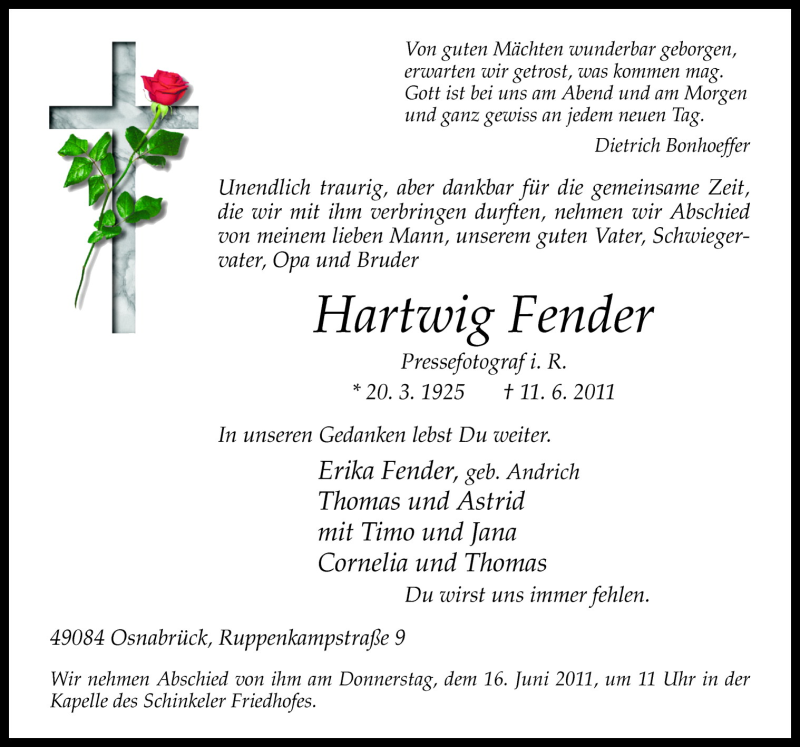  Traueranzeige für Hartwig Fender vom 14.06.2011 aus Neue Osnabrücker Zeitung GmbH & Co. KG