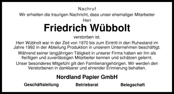Traueranzeige von Friedrich Wübboldt von Neue Osnabrücker Zeitung GmbH & Co. KG