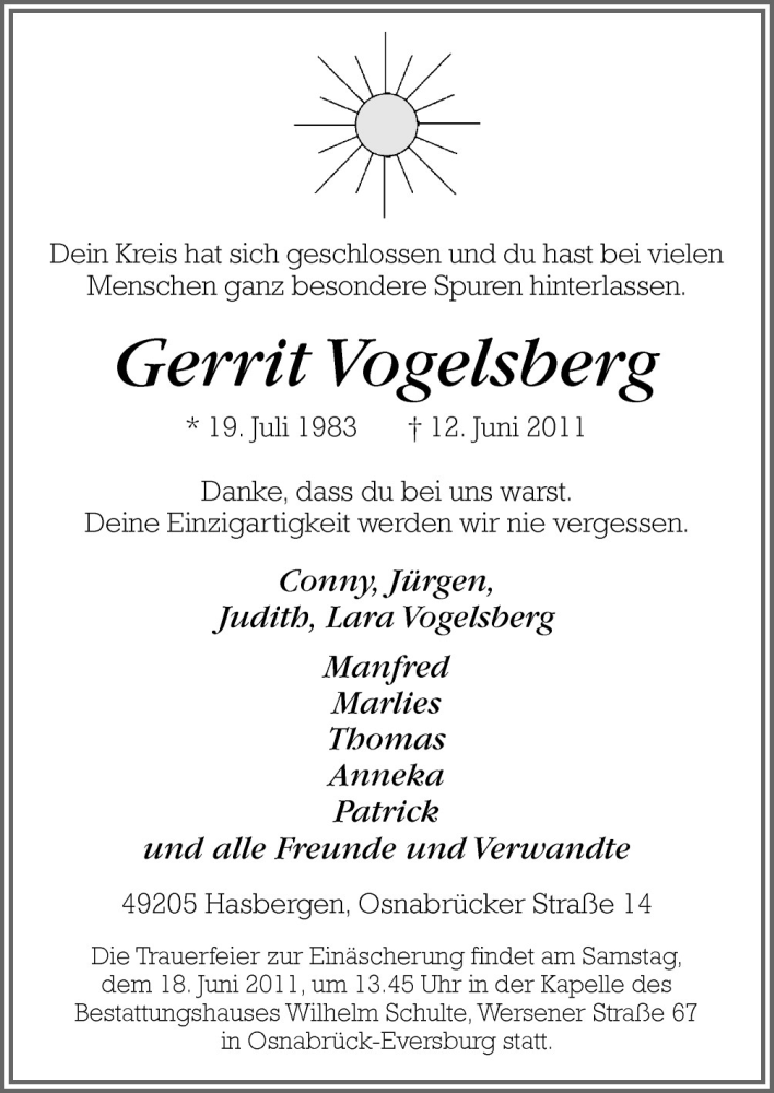  Traueranzeige für Gerrit Vogelsberg vom 15.06.2011 aus Neue Osnabrücker Zeitung GmbH & Co. KG