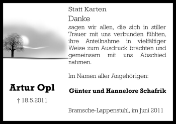 Traueranzeige von Artur Opl von Neue Osnabrücker Zeitung GmbH & Co. KG