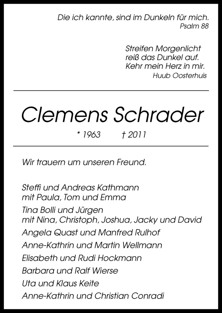  Traueranzeige für Clemens Schrader vom 15.06.2011 aus Neue Osnabrücker Zeitung GmbH & Co. KG