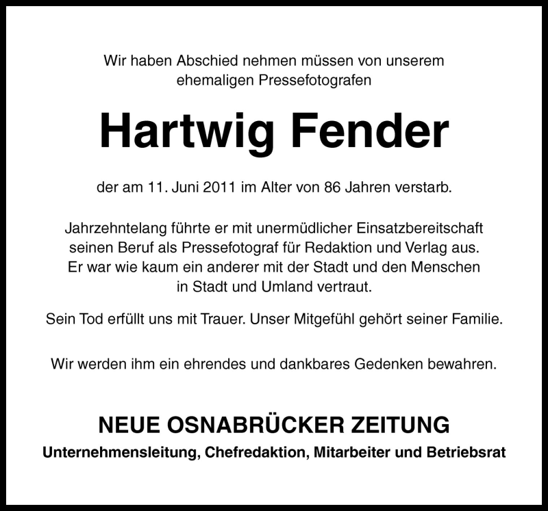  Traueranzeige für Hartwig Fender vom 16.06.2011 aus Neue Osnabrücker Zeitung GmbH & Co. KG