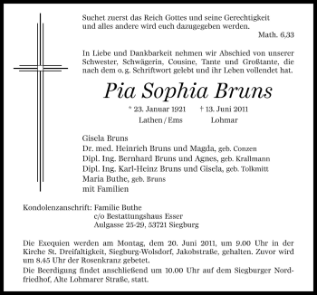Traueranzeige von Pia Sophia Bruns von Neue Osnabrücker Zeitung GmbH & Co. KG