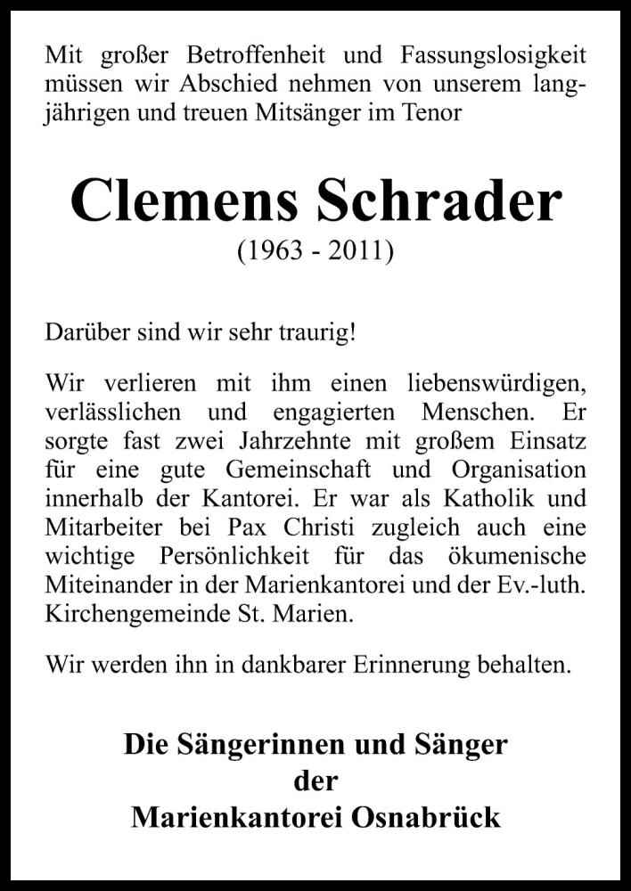  Traueranzeige für Clemens Schrader vom 17.06.2011 aus Neue Osnabrücker Zeitung GmbH & Co. KG