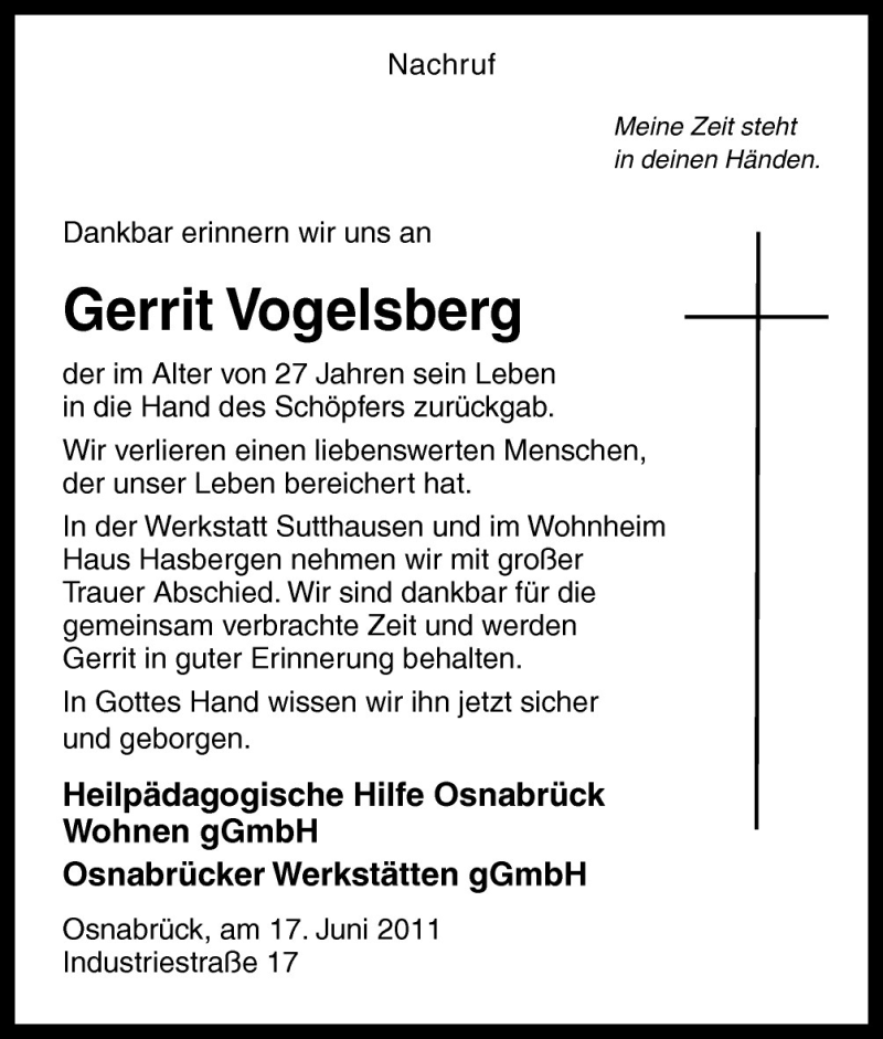  Traueranzeige für Gerrit Vogelsberg vom 17.06.2011 aus Neue Osnabrücker Zeitung GmbH & Co. KG