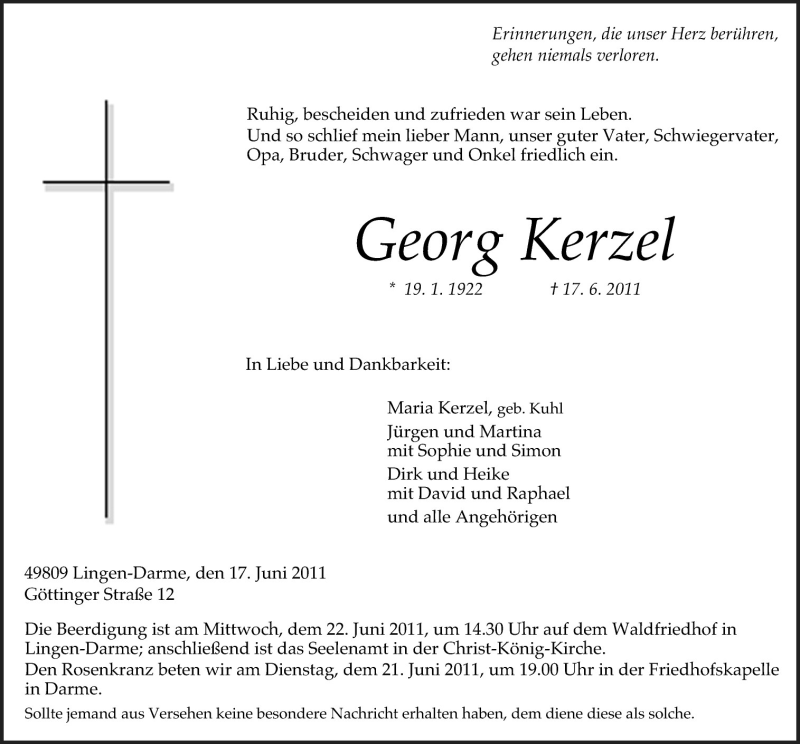  Traueranzeige für Georg Kerzel vom 20.06.2011 aus Neue Osnabrücker Zeitung GmbH & Co. KG