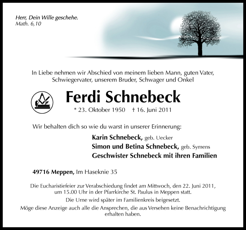  Traueranzeige für Ferdi Schnebeck vom 20.06.2011 aus Neue Osnabrücker Zeitung GmbH & Co. KG