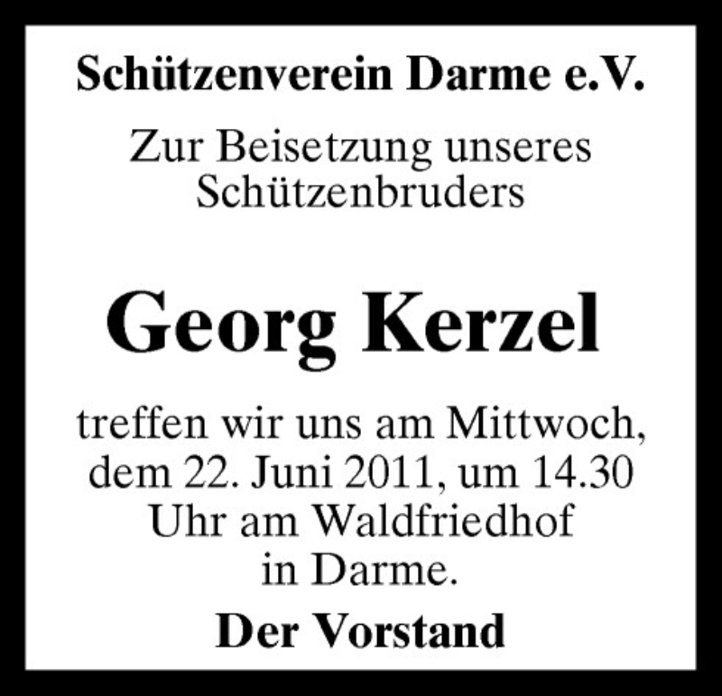  Traueranzeige für Georg Kerzel vom 21.06.2011 aus Neue Osnabrücker Zeitung GmbH & Co. KG