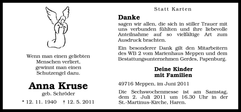  Traueranzeige für Anna Kruse vom 29.06.2011 aus Neue Osnabrücker Zeitung GmbH & Co. KG