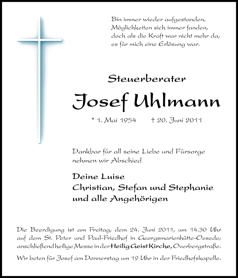  Traueranzeige für Josef Uhlmann vom 22.06.2011 aus Neue Osnabrücker Zeitung GmbH & Co. KG