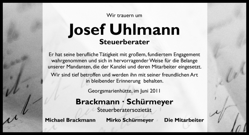  Traueranzeige für Josef Uhlmann vom 22.06.2011 aus Neue Osnabrücker Zeitung GmbH & Co. KG