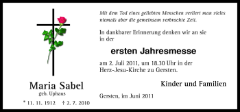 Traueranzeige von Maria Sabel von Neue Osnabrücker Zeitung GmbH & Co. KG