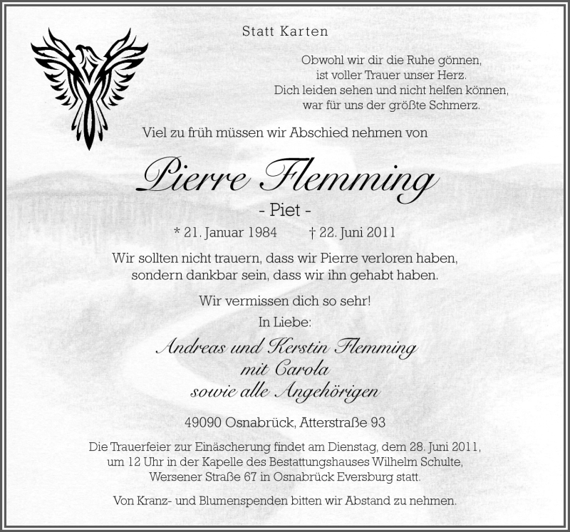  Traueranzeige für Pierre Flemming vom 25.06.2011 aus Neue Osnabrücker Zeitung GmbH & Co. KG