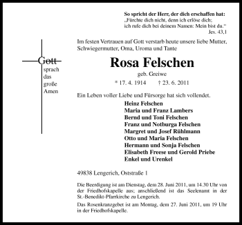 Traueranzeige von Rosa Felschen von Neue Osnabrücker Zeitung GmbH & Co. KG
