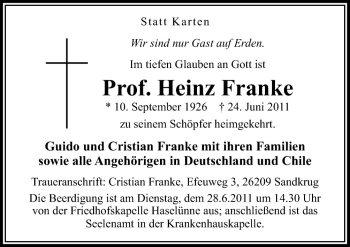 Traueranzeige von Heinz Franke von Neue Osnabrücker Zeitung GmbH & Co. KG