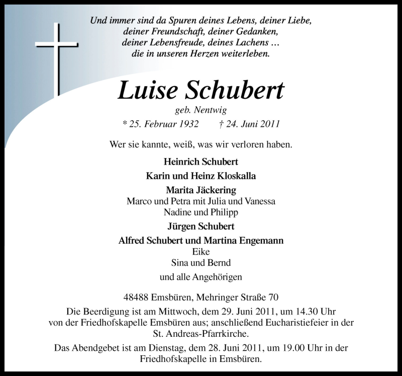  Traueranzeige für Luise Schubert vom 27.06.2011 aus Neue Osnabrücker Zeitung GmbH & Co. KG