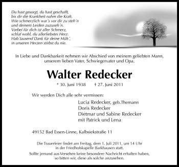 Traueranzeige von Walter Redecker von Neue Osnabrücker Zeitung GmbH & Co. KG