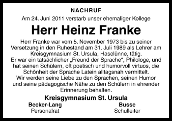 Traueranzeige von Heinz Franke von Neue Osnabrücker Zeitung GmbH & Co. KG