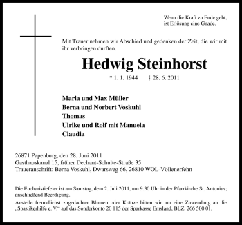 Traueranzeige von Hedwig Steinhorst von Neue Osnabrücker Zeitung GmbH & Co. KG