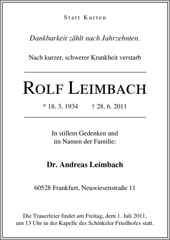 Traueranzeige von Rolf Leimbach von Neue Osnabrücker Zeitung GmbH & Co. KG