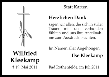 Traueranzeige von Wilfried Kleekamp von Neue Osnabrücker Zeitung GmbH & Co. KG