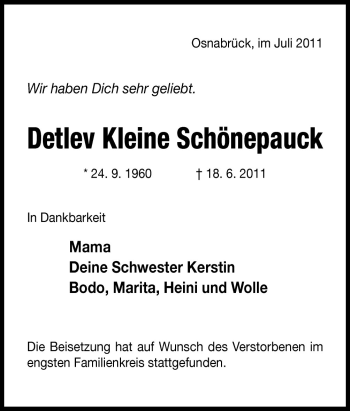 Traueranzeige von Detlev Kleine Schönepauck von Neue Osnabrücker Zeitung GmbH & Co. KG