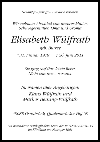 Traueranzeige von Elisabeth Wülfrath von Neue Osnabrücker Zeitung GmbH & Co. KG