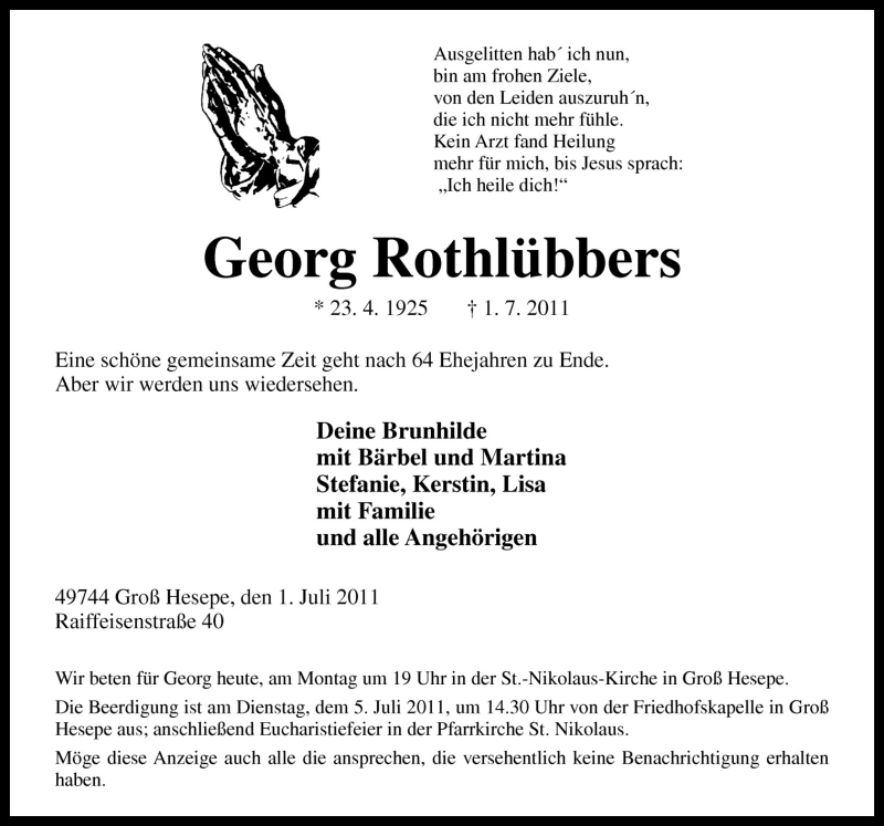  Traueranzeige für Georg Rothlübbers vom 04.07.2011 aus Neue Osnabrücker Zeitung GmbH & Co. KG