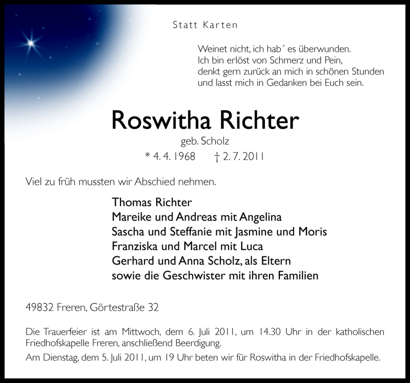  Traueranzeige für Roswitha Richter vom 04.07.2011 aus Neue Osnabrücker Zeitung GmbH & Co. KG