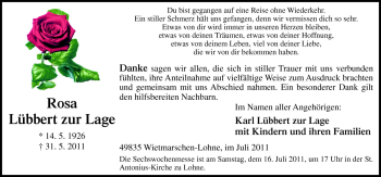 Traueranzeige von Rosa Lübbert zur Lage von Neue Osnabrücker Zeitung GmbH & Co. KG