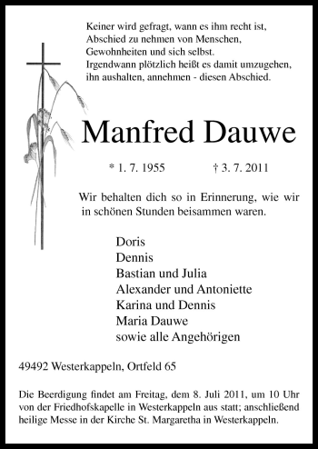 Traueranzeige von Manfred Dauwe von Neue Osnabrücker Zeitung GmbH & Co. KG