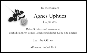 Traueranzeige von Agnes Uphues von Neue Osnabrücker Zeitung GmbH & Co. KG