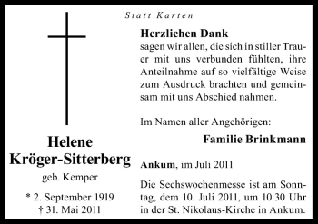 Traueranzeige von Helene Kröger-Sitterberg von Neue Osnabrücker Zeitung GmbH & Co. KG