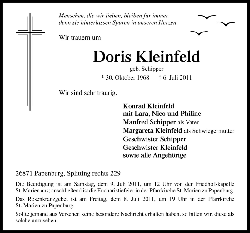  Traueranzeige für Doris Kleinfeld vom 08.07.2011 aus Neue Osnabrücker Zeitung GmbH & Co. KG