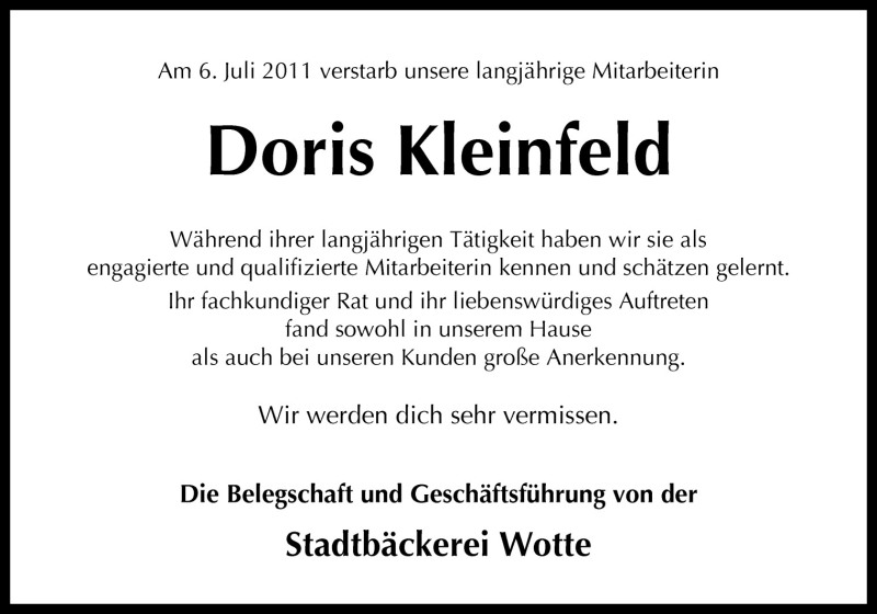  Traueranzeige für Doris Kleinfeld vom 08.07.2011 aus Neue Osnabrücker Zeitung GmbH & Co. KG