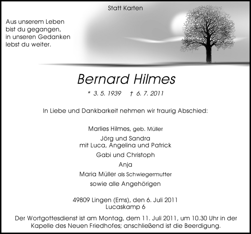  Traueranzeige für Bernard Hilmes vom 08.07.2011 aus Neue Osnabrücker Zeitung GmbH & Co. KG