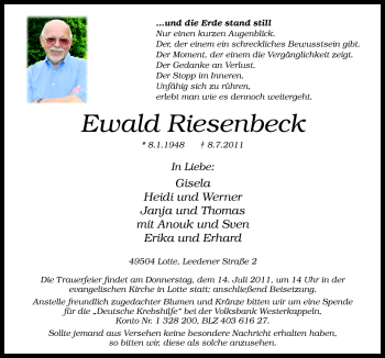 Traueranzeige von Ewald Riesenbeck von Neue Osnabrücker Zeitung GmbH & Co. KG