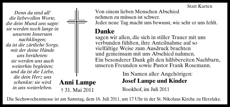  Traueranzeige für Anni Lampe vom 13.07.2011 aus Neue Osnabrücker Zeitung GmbH & Co. KG