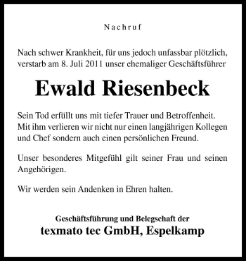 Traueranzeige von Ewald Riesenbeck von Neue Osnabrücker Zeitung GmbH & Co. KG