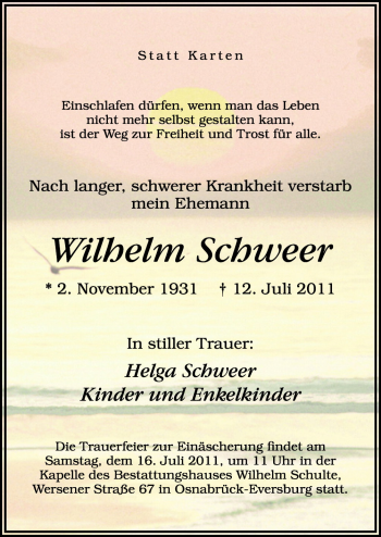 Traueranzeige von Wilhelm Schweer von Neue Osnabrücker Zeitung GmbH & Co. KG
