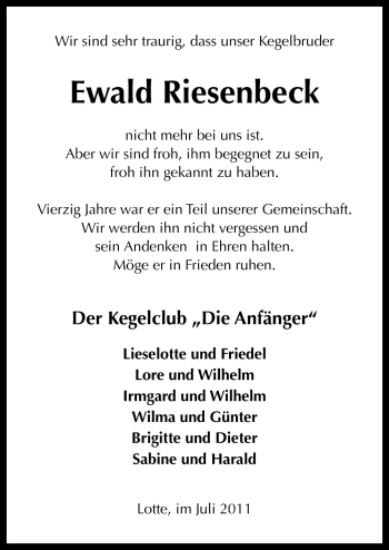 Traueranzeige von Ewald Riesenbeck von Neue Osnabrücker Zeitung GmbH & Co. KG