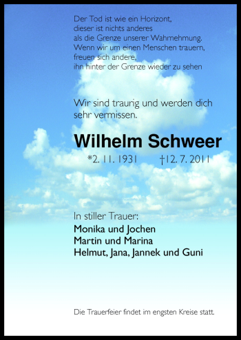 Traueranzeige von Wilhelm Schweer von Neue Osnabrücker Zeitung GmbH & Co. KG