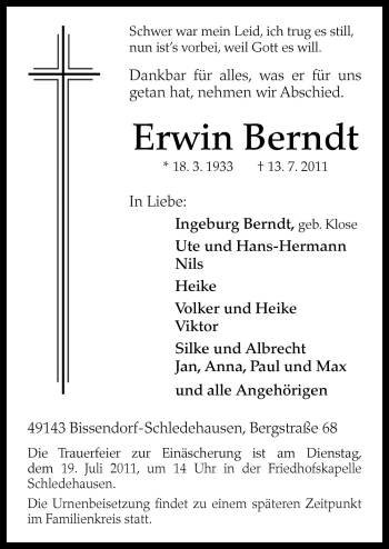 Traueranzeige von Erwin Berndt von Neue Osnabrücker Zeitung GmbH & Co. KG