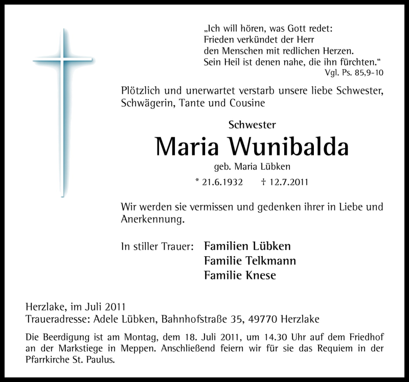  Traueranzeige für Maria Wunibalda vom 15.07.2011 aus Neue Osnabrücker Zeitung GmbH & Co. KG