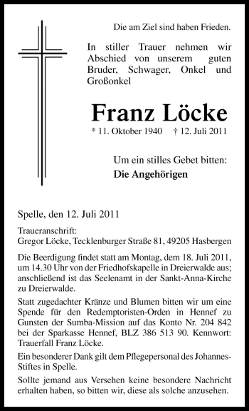 Traueranzeige von Franz Löcke von Neue Osnabrücker Zeitung GmbH & Co. KG