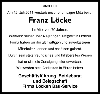 Traueranzeige von Franz Löcke von Neue Osnabrücker Zeitung GmbH & Co. KG