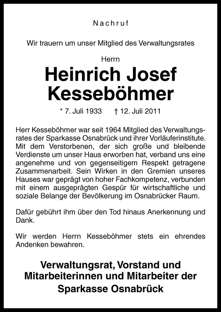  Traueranzeige für Heinrich Josef Kesseböhmer vom 15.07.2011 aus Neue Osnabrücker Zeitung GmbH & Co. KG