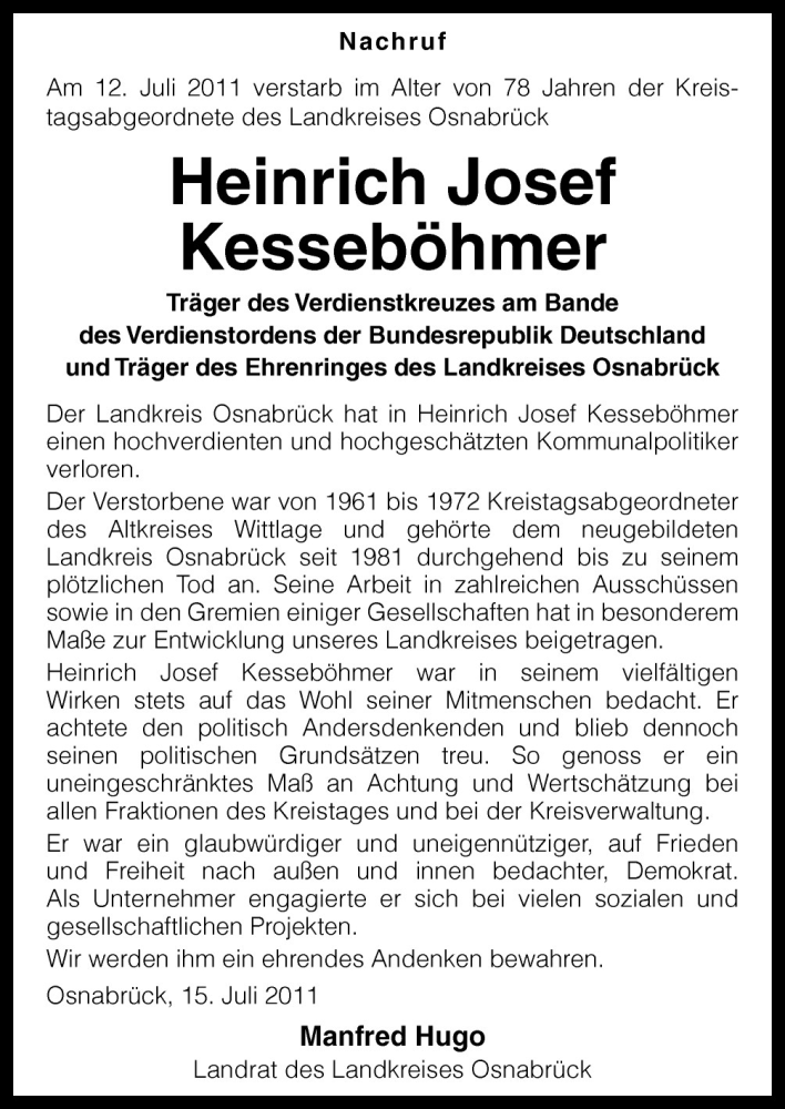  Traueranzeige für Heinrich Josef Kesseböhmer vom 15.07.2011 aus Neue Osnabrücker Zeitung GmbH & Co. KG