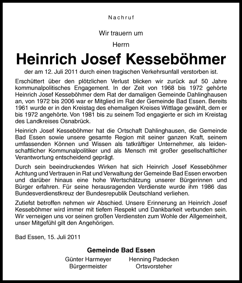  Traueranzeige für Heinrich Josef Kesseböhmer vom 15.07.2011 aus Neue Osnabrücker Zeitung GmbH & Co. KG