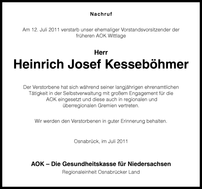  Traueranzeige für Heinrich Josef Kesseböhmer vom 15.07.2011 aus Neue Osnabrücker Zeitung GmbH & Co. KG
